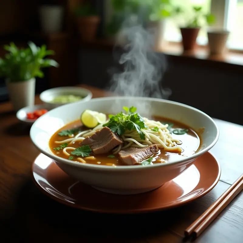 Cuenco hondo de cerámica blanca con pho vietnamita de ternera: caldo dorado y humeante, fideos de arroz blancos, rodajas finas de ternera, brotes de soja, cilantro fresco y menta. Acompañado de rodaja de limón, salsa hoisin y sriracha en la mesa.