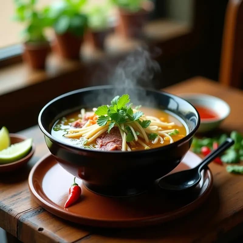 Cuenco hondo de cerámica blanca con Phở vietnamita tradicional: caldo dorado y transparente con fideos de arroz integrales, láminas finas de ternera, brotes de soja y hierbas frescas como cilantro, menta vietnamita y perilla. Acompañado de gajos de lima, rodajas de chile rojo y salsa Sriracha en un plato apartado. Fotografía con luz natural y fondo borroso de mesa de madera rústica.