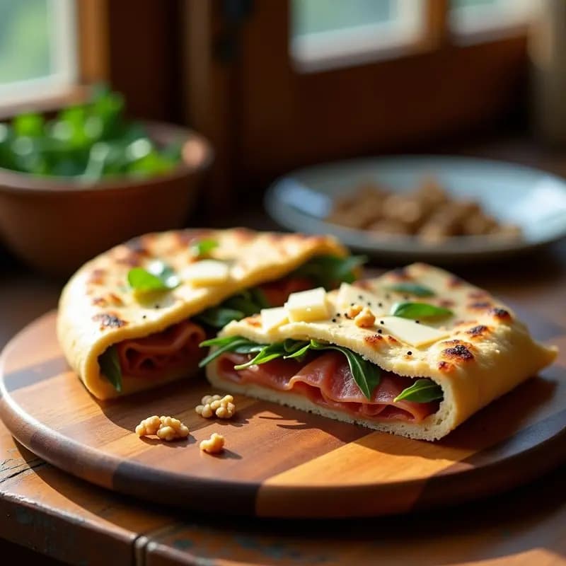 Piadina italiana dorada y crujiente rellena de láminas de jamón crudo, rúcula fresca, rodajas de higo maduro y salsa de higos con nueces, servida en un plato de madera rústico. Receta italiana para llevar.