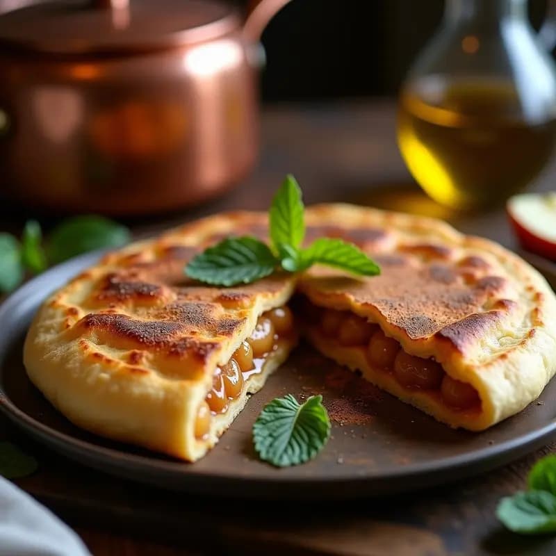 Piadina romana dorada y crujiente rellena de strudel de manzana caramelizada, cortada por la mitad sobre un plato de madera rústico con hojas de menta y un fondo borroso de cocina italiana tradicional.