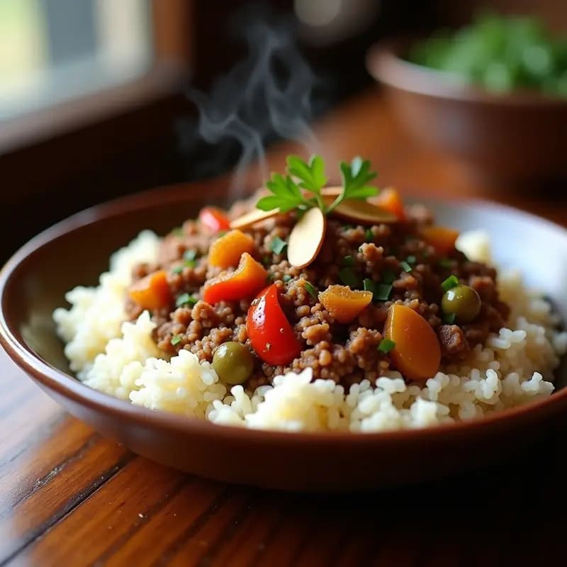 Plato hondo de cerámica blanca con picadillo cubano de arroz basmati tostado, garbanzos desmenuzados, pasas rubias y aceitunas verdes. Decorado con rodajas de cebolla morada y perejil fresco. Fondos borrosos de especias y utensilios de cocina.