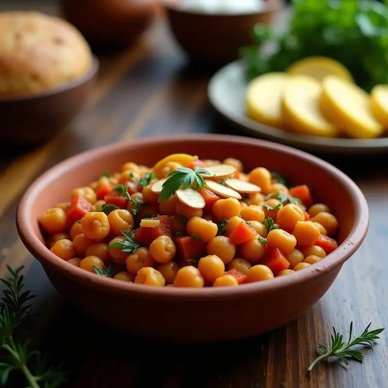 Plato hondo de barro con picadillo cubano vegano de garbanzos y pasas, espolvoreado con perejil fresco, servido sobre un lecho de arroz blanco y acompañado de rodajas de plátano maduro frito.