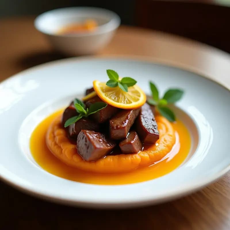 Plato elegante con picaña a la naranja en trozos jugosos, bañados en salsa espesa y brillante, servida sobre un puré de camote naranja cremoso. Decorado con hierbas frescas y rodajas de naranja, resaltando los colores vibrantes de la receta colombiana gourmet.