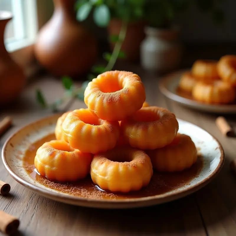 Picarones peruanos dorados y esponjosos apilados en un plato de cerámica rústica, bañados en sirope de chancaca oscuro y espolvoreados con canela, sobre un fondo de mesa de madera con elementos tradicionales peruanos.