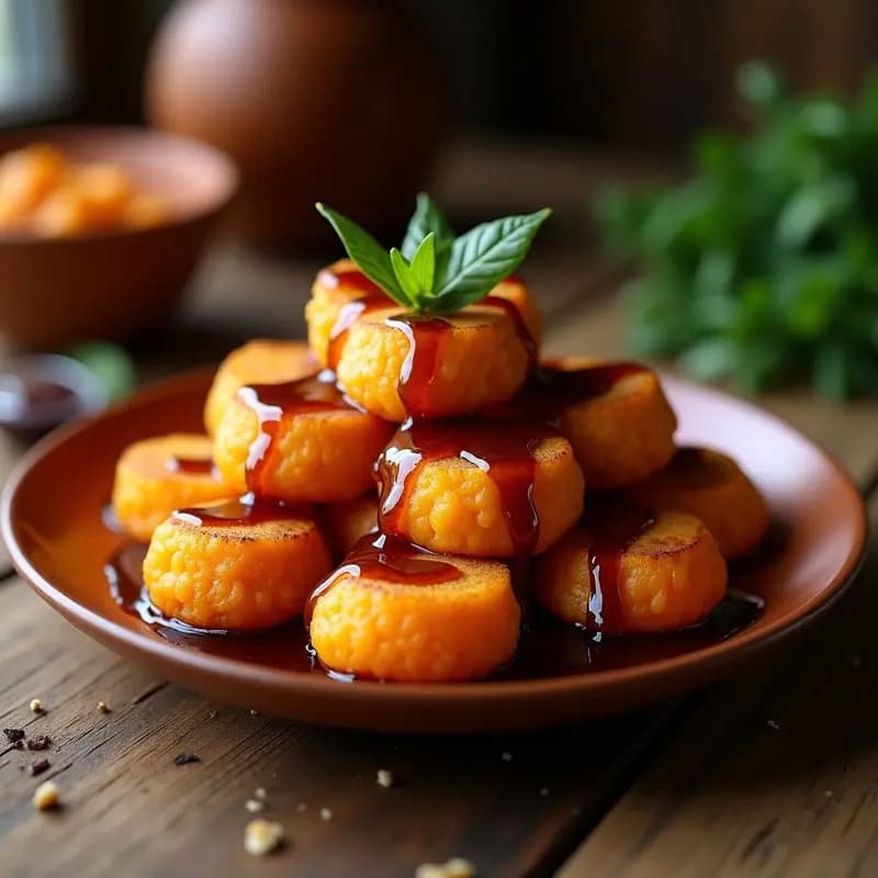 Picarones dorados y esponjosos de zapallo y camote apilados en un plato rústico de barro, bañados con sirope oscuro de chancaca y decorados con hojas de hierbabuena fresca, postre tradicional peruano sin gluten.