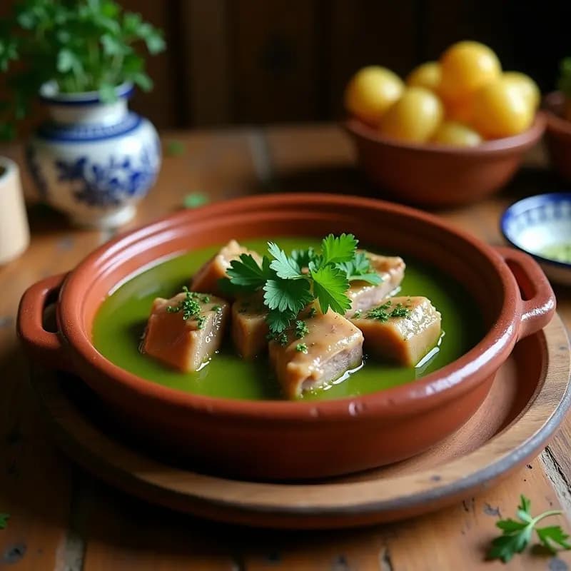 Cazuela de barro con picha de cerdo en salsa verde vasca, trozos tiernos de carne bañados en salsa espesa de perejil y ajo, acompañados de almejas abiertas. Plato tradicional de caserío con perejil fresco espolvoreado.
