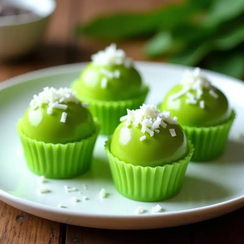 Pichi Pichi de Chía y Pandan en moldes de silicona verdes, con textura esponjosa y gelificada, decorado con coco rallado sin azúcar. Postre filipino sin harina y sin azúcar, servido en un plato de cerámica blanca.