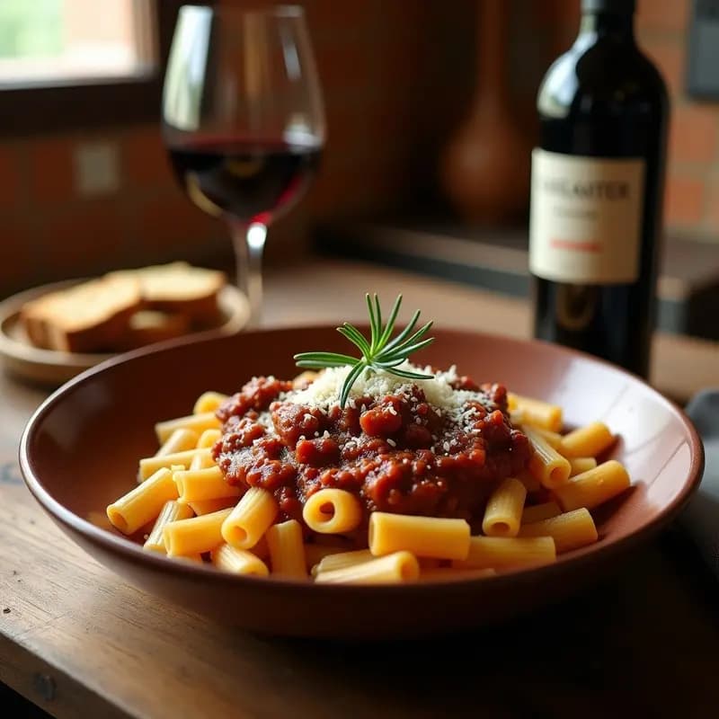 Plato hondo de barro con Pici al Ragù de Jabalí, pasta gruesa y rústica bañada en un ragù oscuro de carne de jabalí, decorado con romero fresco y queso Pecorino rallado, servido sobre una mesa de madera con copas de vino tinto.