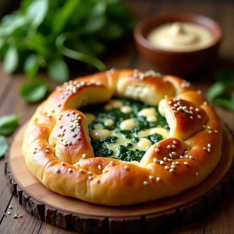 Pide turca vegana dorada y crujiente rellena de espinacas y queso de anacardos, con semillas de sésamo en la superficie, servida en bandeja de madera rústica.