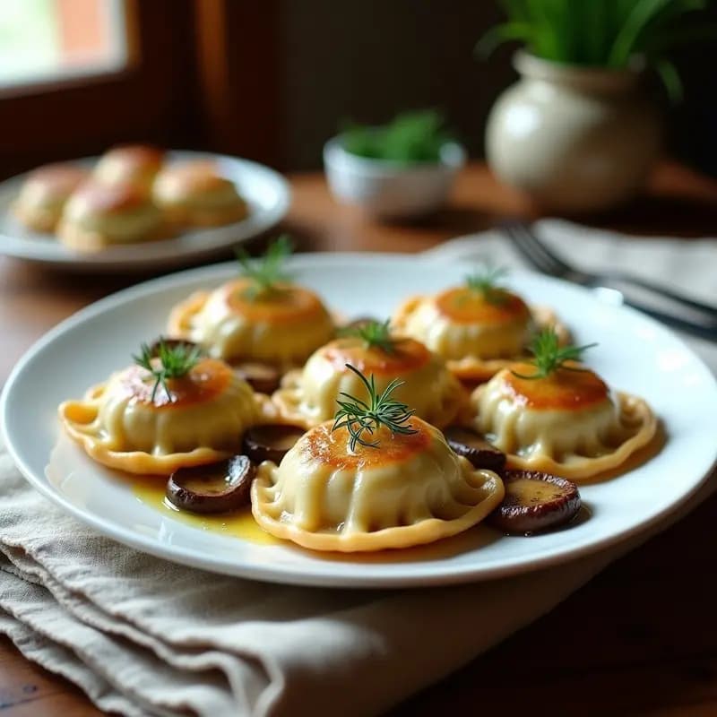Plato blanco con pierogi polacos dorados rellenos de chucrut y champiñones, servidos con eneldo fresco y un toque de mantequilla derretida, receta tradicional con toque ahumado.