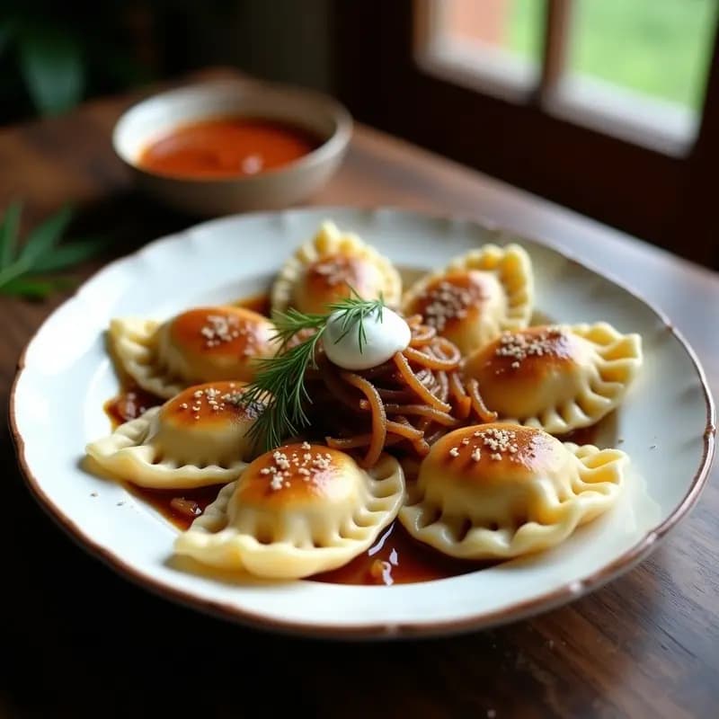 Plato de pierogi ucranianos dorados rellenos de chucrut y champiñones portobello, cubiertos con cebolla caramelizada brillante y cebollino fresco picado, servidos sobre un plato de cerámica rústica.