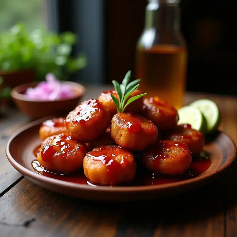 Plato de cerámica negra con trozos dorados de pancitas de cerdo glaseadas en salsa BBQ filipina, decorado con cebollino fresco y rodajas de limón calamansi, fondo de madera rústica.