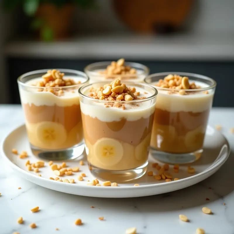 Copas de cristal transparente con capas de P IMAGEbi filipino: rodajas de plátano macho, crema de cacahuete y gelatina de leche de coco, decorado con cacahuetes picados y coco rallado sobre fondo blanco.