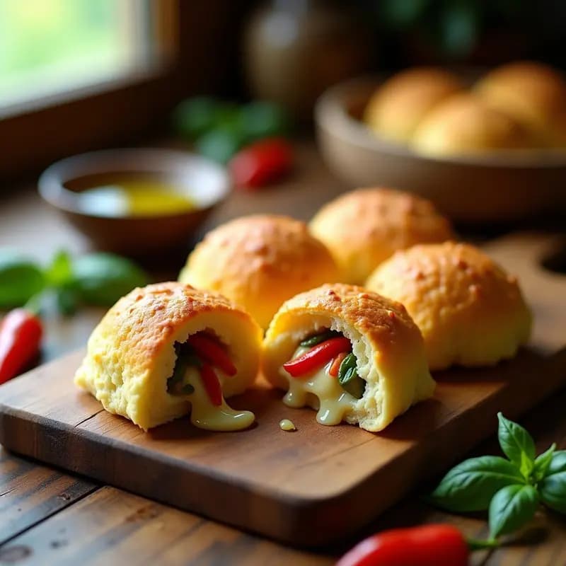 Panecillos dorados de pan de yuca abiertos por la mitad, rellenos de una mezcla cremosa de queso fundido con pimientos rojos y verdes asados, sobre una tabla de madera rústica con hierbas frescas de decoración.