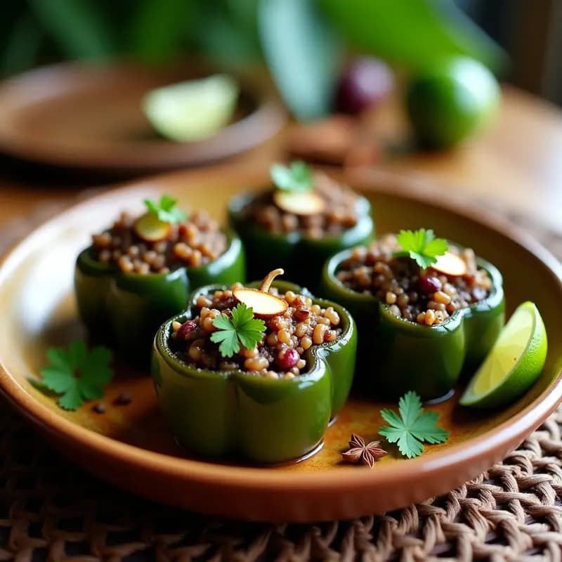 Pimientas de Jamaica grandes rellenas de arroz salvaje, champiñones y especias, horneadas y decoradas con cilantro y almendras fileteadas, servidas en plato de barro con rodajas de limón.