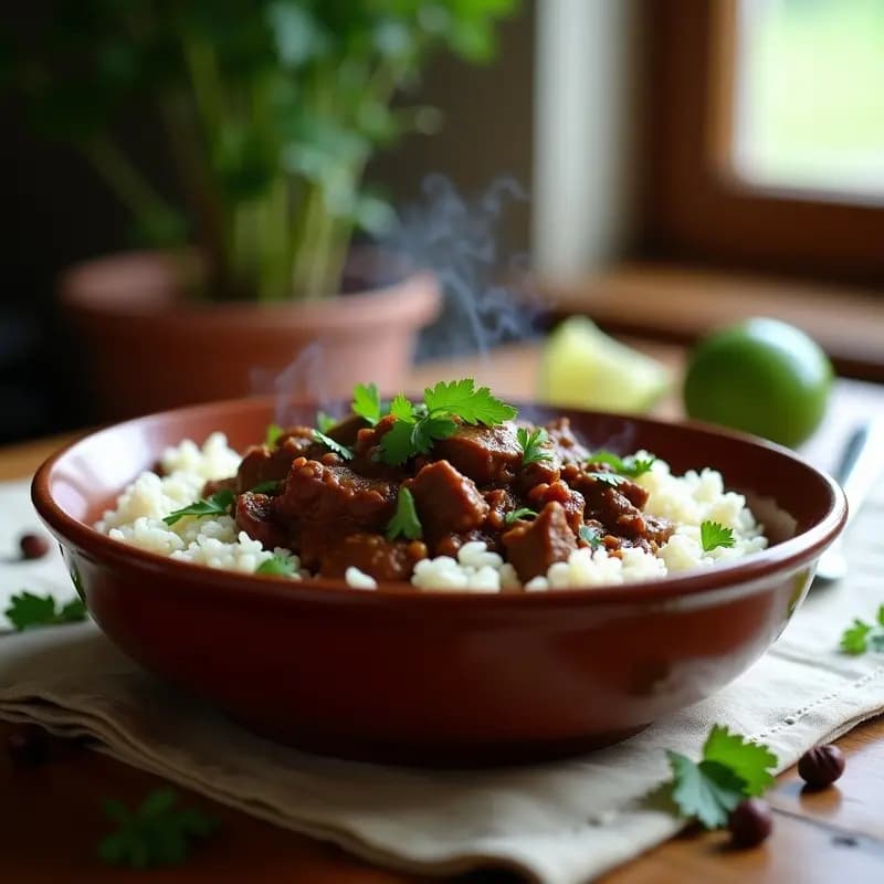 Plato hondo de barro con pimienta de Jamaica con res y arroz basmati, carne estofada en salsa oscura con granos de arroz sueltos, decorado con cilantro fresco y rodajas de limón, sobre fondo rústico de madera.