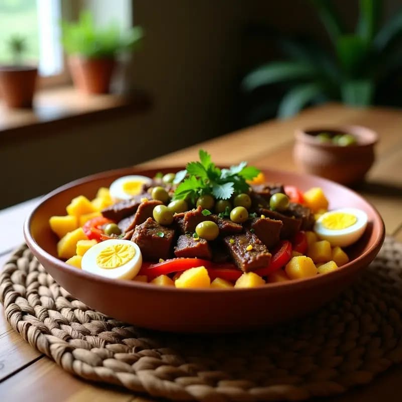 Plato rústico de barro con Pimienta de Padeiro: rodajas doradas de mandioca, carne secada desmenuzada y vinagreta de limón brillante, decorado con cilantro fresco. Receta tradicional brasileña.