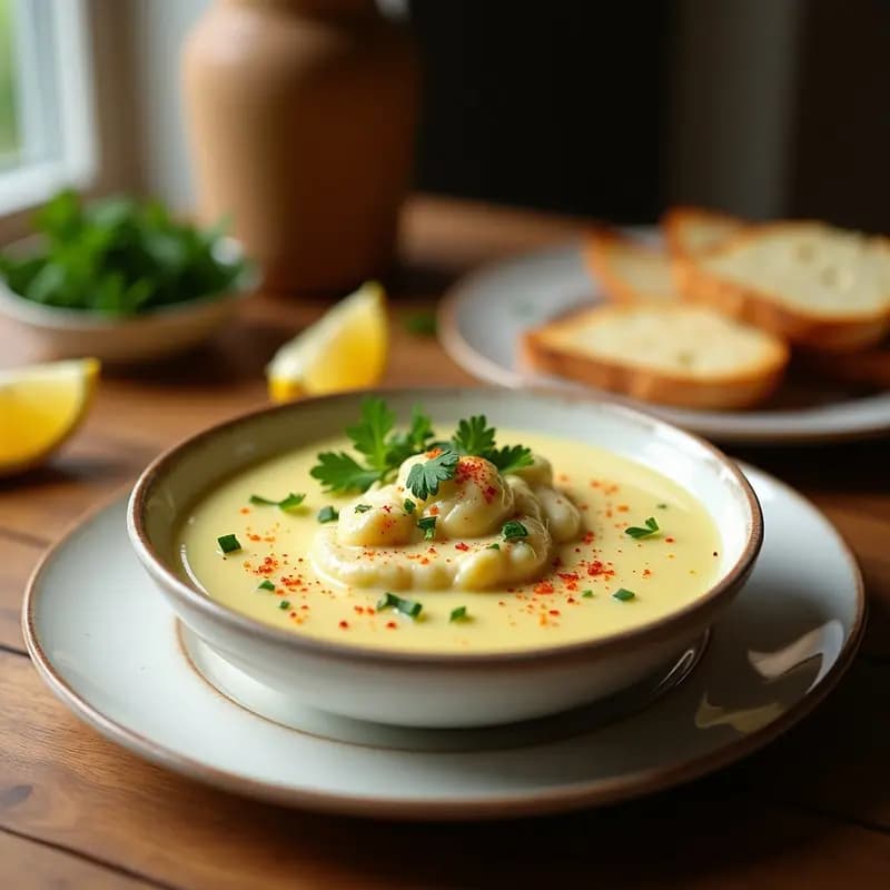 Bol de porcelana blanca con brandade de bacalao cremosa, coronada con pimienta de pique roja y perejil fresco, acompaña de pan tostado y crudités. Aperitivo francés elegante y gourmet.