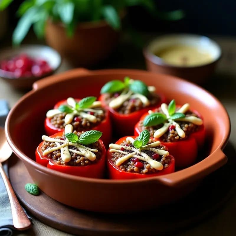Pimientas rojas rellenas de arroz salvaje y arándanos, horneadas al estilo turco con toques de tahini y limón negro, decoradas con hierbabuena fresca sobre una fuente de barro rústica.