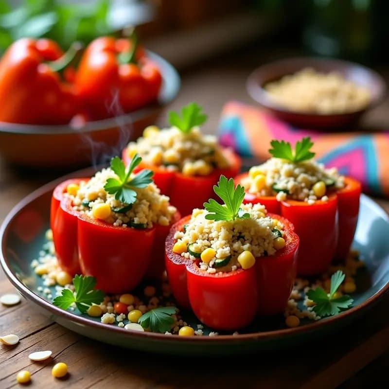 Pimientos morrones rojos rellenos de quinoa, verduras y queso fresco desmenuzado, horneados a la perfección, con un toque de cilantro fresco y almendras fileteadas. Plato colorido y saludable, receta mexicana alta en fibra.