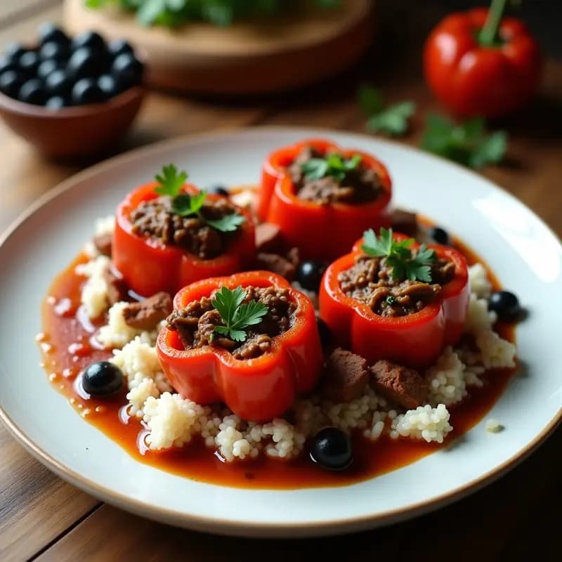 Plato de pimienta en salsa cubana con carne desmenuzada en salsa de tomate y vino, servida sobre arroz blanco esponjoso, decorada con perejil fresco y aceitunas negras.