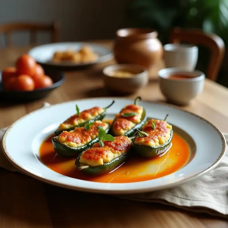 Pimientos rojos asados abiertos y rellenos de una mezcla oscura de morcilla y cebolla caramelizada, servidos en una fuente de barro rústica con perejil fresco espolvoreado. Receta tradicional de pimientos asados rellenos de morcilla y cebolla con toque dulce.