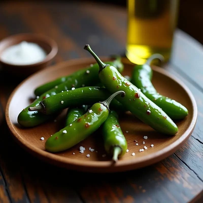 Plato de madera rústico con pimientos del Padrón fritos en sartén, espolvoreados con sal grosa, brillantes por el aceite de oliva virgen extra. Receta tradicional española rápida y fácil.