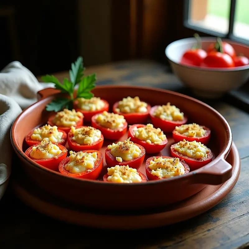 Pimientos del piquillo asados rellenos de bacalao desmenuzado, horneados con bechamel y pan rallado dorado, servidos en fuente de barro rústica. Receta vasca tradicional para Navidad.