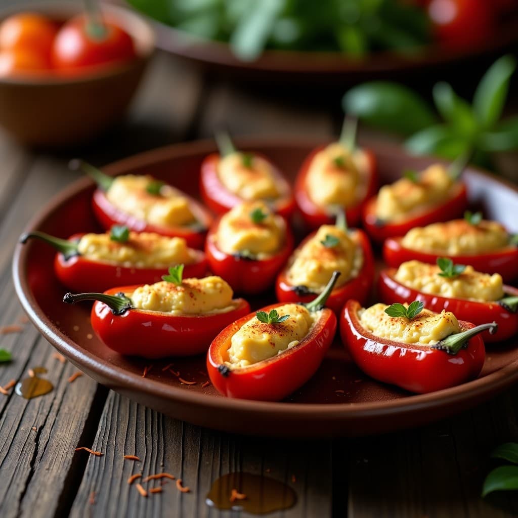 Pimientos de piquillo rojos rellenos de brandada de bacalao cremosa con toques dorados de azafrán, servidos en una bandeja de barro rústica sobre fondo de madera oscura. Receta española tradicional.