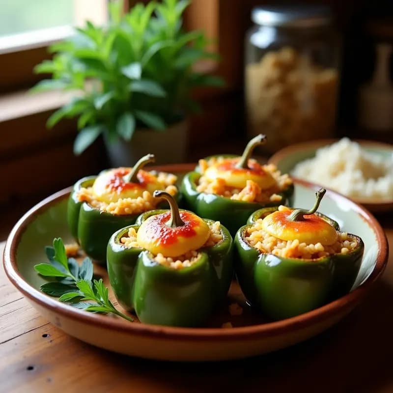 Fuente de horno con cuatro pimientos verdes rellenos de arroz y atún, dorados por encima con huevo cuajado y pan rallado, decorados con perejil fresco. Plato tradicional español de aprovechamiento sin desperdicio.