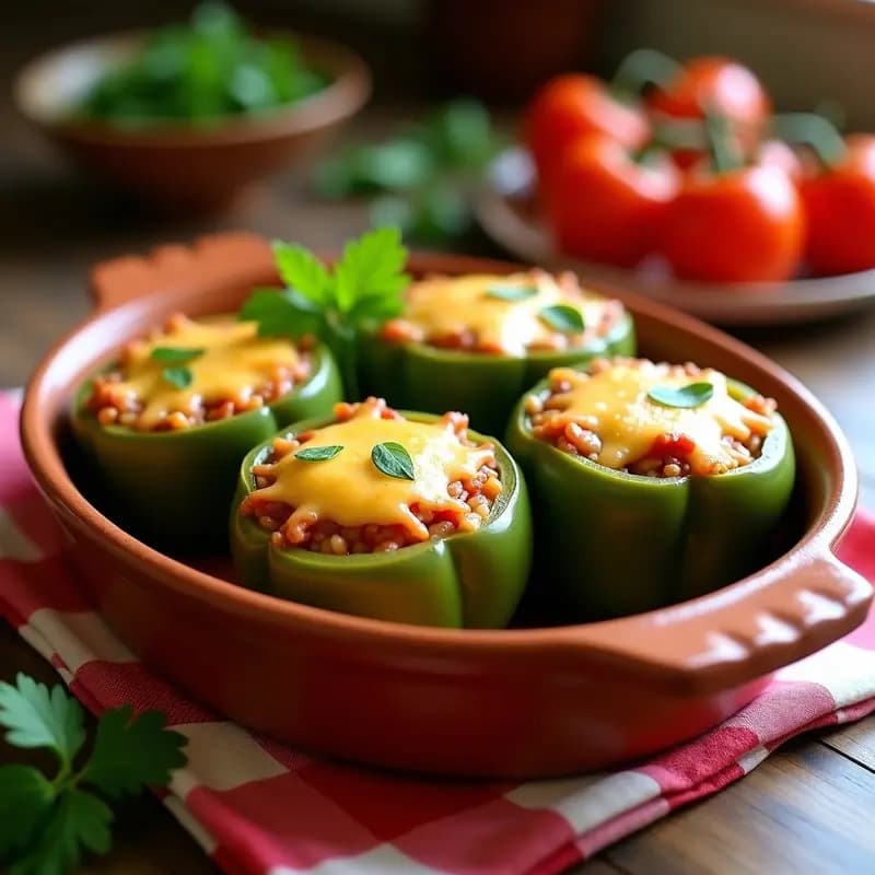Fuente de barro con cuatro pimientos verdes rellenos de arroz y tomate, gratinados con queso, sobre un mantel rústico de cuadros blancos y rojos, receta tradicional española.