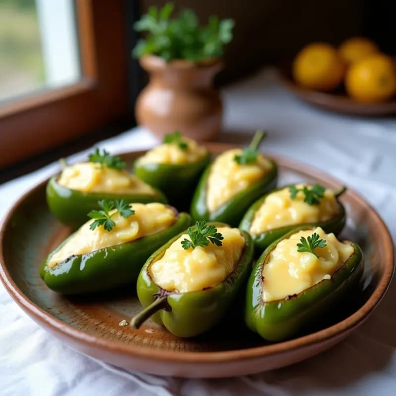 Pimientos verdes italianos rellenos de brandada de bacalao cremosa, horneados y dorados, servidos en plato blanco rústico con ralladura de limón y perejil fresco. Tapa andaluza tradicional con toque gourmet.