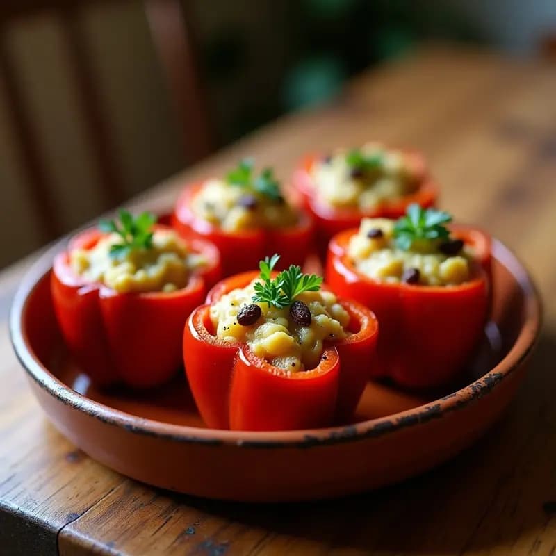 Pimientos rojos asados rellenos de brandada de bacalao cremosa con pasas y piñones, servidos en una fuente de barro con perejil fresco. Receta tradicional de la costa catalana.