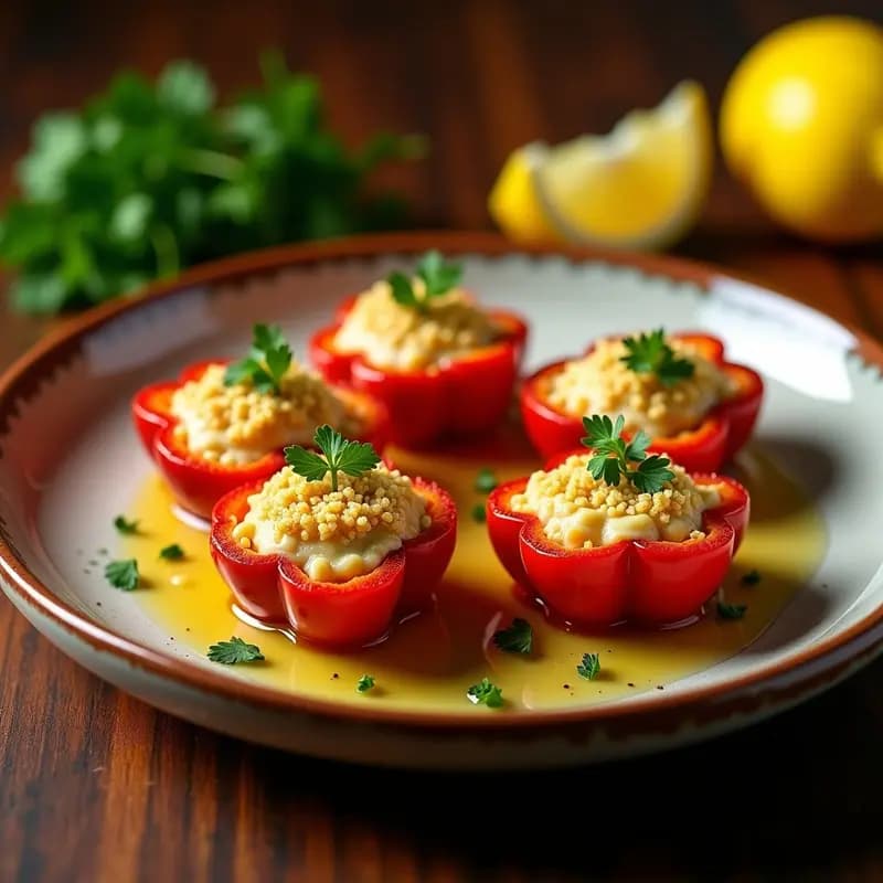 Pimientos del piquillo rellenos de brandada de bacalao cremosa, empanados y dorados al horno, con un toque crujiente y perejil fresco encima. Entrante andaluz tradicional en bandeja de barro.