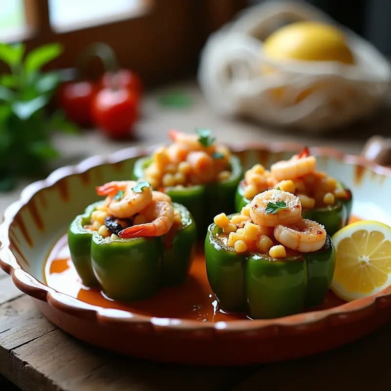 Pimientos verdes grandes rellenos de una mezcla dorada de gambas, calamares y mejillones, gratinados al horno con queso rallado, servidos en una fuente de barro rústica sobre una mesa de madera con un fondo de mar.