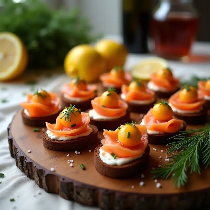 Bandeja de madera con pimming de salmón ahumado y eneldo, canapés ingleses sobre pan de pumpernickel tostado, decorados con huevo de codorniz, eneldo fresco y pimienta rosa, servidos en evento elegante.