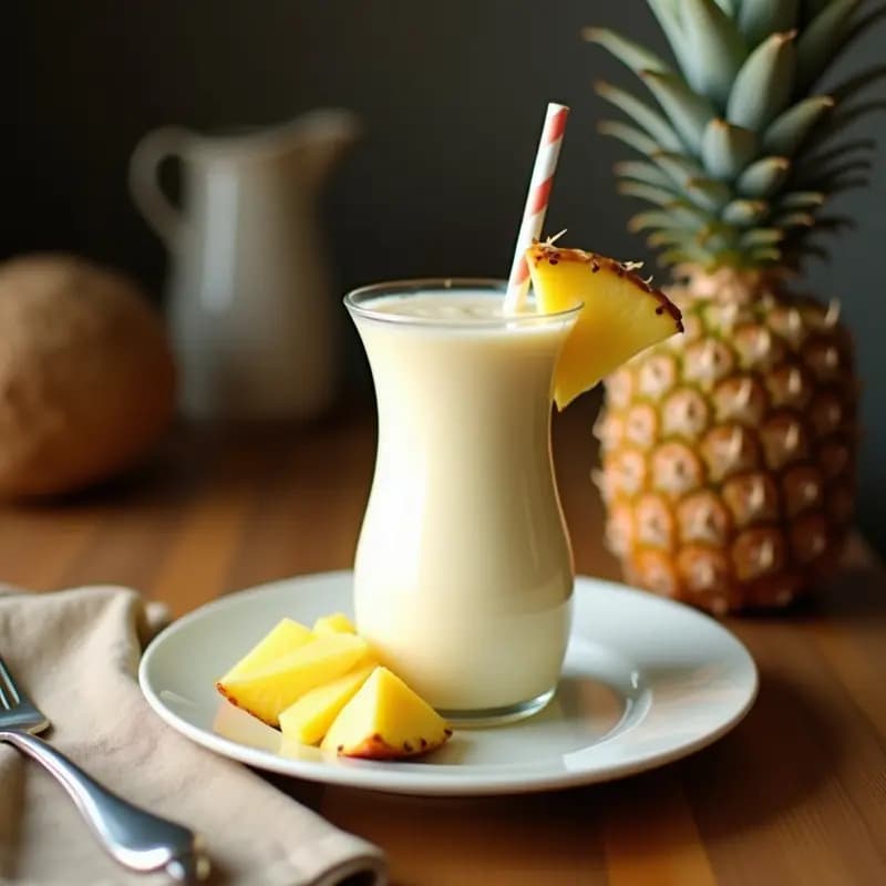 Batido Piña Colada sin alcohol en vaso alto con pajita, decorado con rodaja de piña, semillas de chía y canela en polvo, sobre fondo tropical con hojas de palmera.