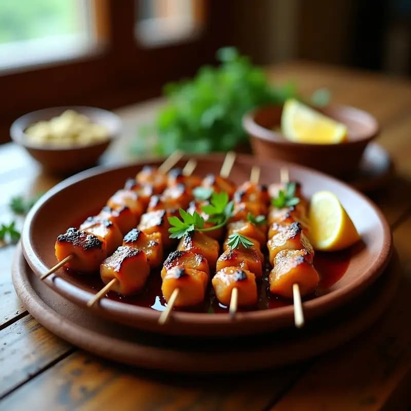 Pinchos morunos de cerdo dorados glaseados con miel y especias Ras el Hanout, servidos en plato rústico de barro con limón y hierbas frescas al lado. Receta tradicional arabo-andaluza.