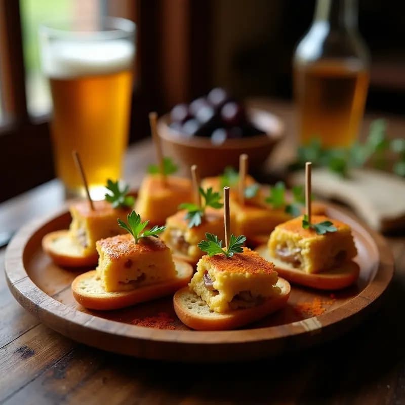 Pinchos de tortilla de Sacromonte con sesos y molleja sobre pan integral tostado, servidos en tabla de madera rústica con perejil fresco y aceite de oliva.