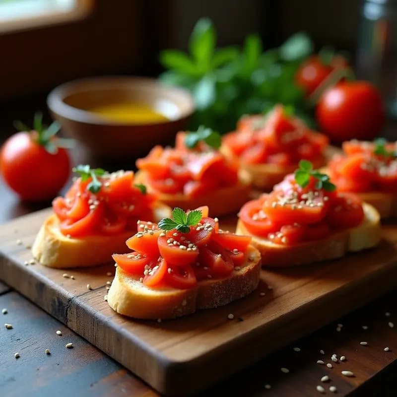 Pintxos vascos de pan tostado con tomate rallado fresco y ventresca de atún desmenuzada, decorados con semillas de sésamo y perejil, servidos en una tabla de madera rústica.