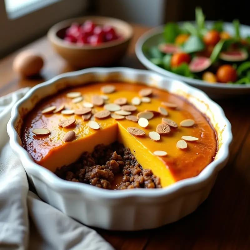 Pinvoice Sudafricano de carne y frutas secas al estilo Boerekos, pastel salado horneado con capa dorada de puré de calabaza butternut y almendras fileteadas, servido en molde de cerámica rústica.