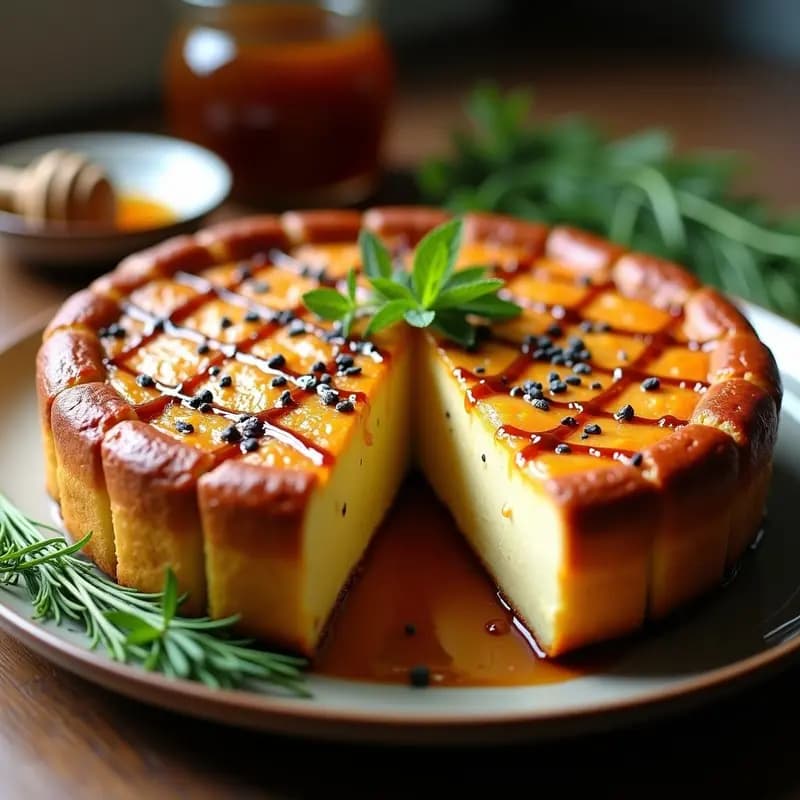 Pionic ucraniano al horno en molde redondo de cerámica, con base dorada de hojaldre de centeno, relleno cremoso de queso de cabra y nueces, bañado en miel de трутовка brillante y decorado con semillas de amapola y cebollino fresco.