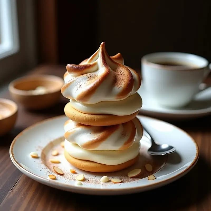 Piononos de assado de boda argentinos sin harina, con merengue de café dorado y relleno de dulce de leche y queso crema, decorados con almendras fileteadas y café en polvo, servidos en bandeja de madera rústica.
