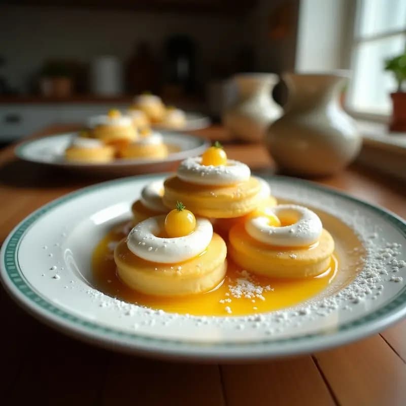 Piononos veganos en forma de cilindro dorado, rellenos de crema de coco y mango, decorados con coco rallado y trozos de mango fresco sobre un plato blanco rústico.