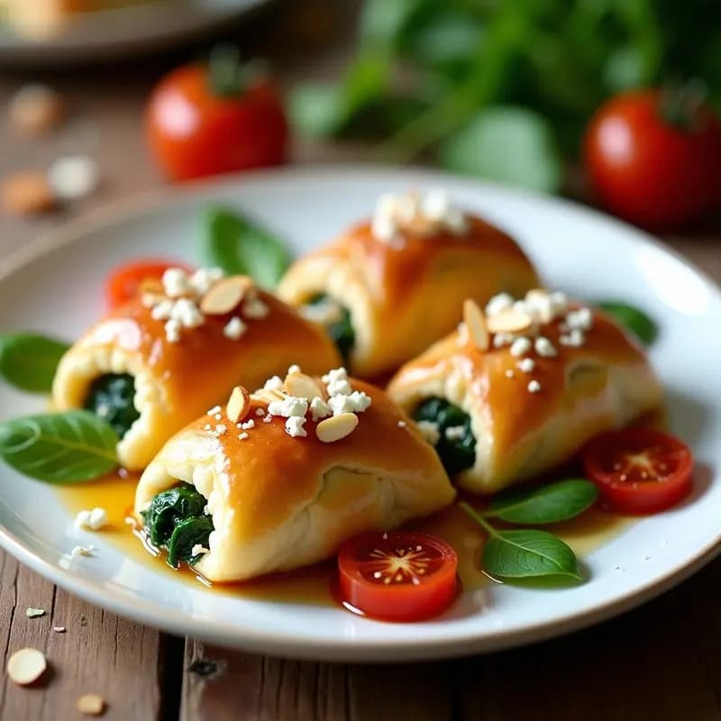 Piononos dorados rellenos de espinacas y queso feta, servidos en una bandeja de madera con salsa de tomate seco vertida por encima. Entrante argentino gourmet con toques verdes de albahaca fresca.