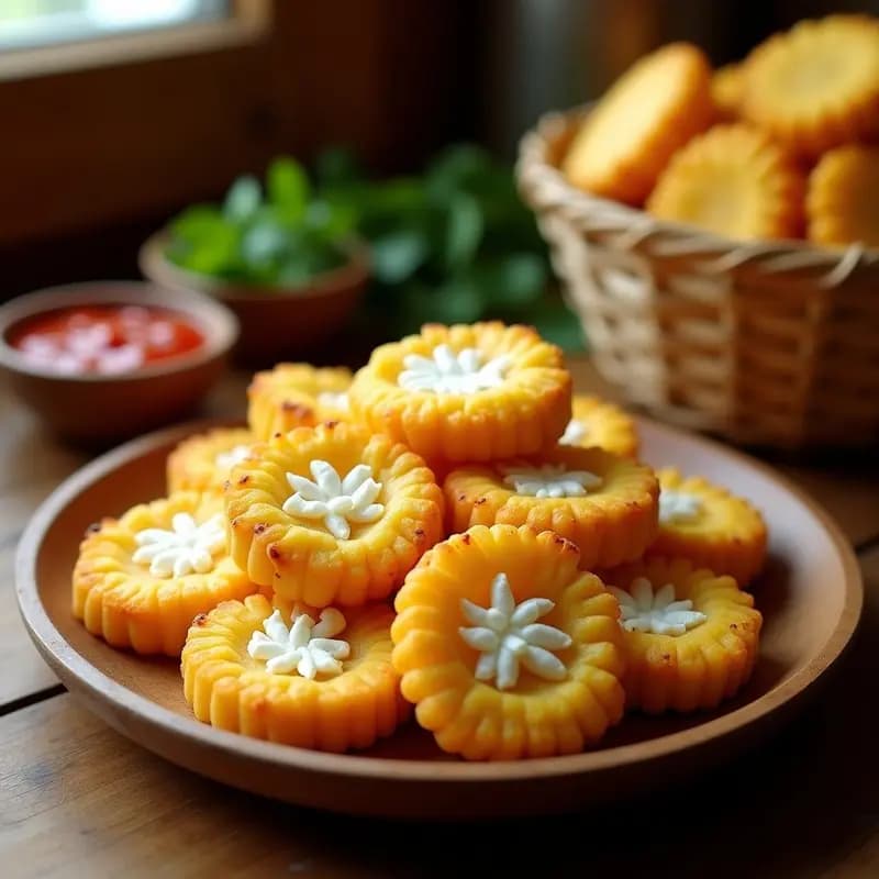 Piononos dorados de maíz y queso fresco en capacillos de papel, con trozos de ají picante y cilantro fresco, servidos en una bandeja rústica de madera, receta colombiana sin harina.