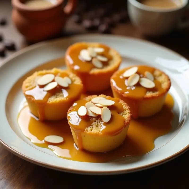 Piononos de plátano maduro dorados en molde individual, bañados con arequipe brillante y decorados con almendras fileteadas, servidos sobre plato de cerámica blanca con fondo rústico.