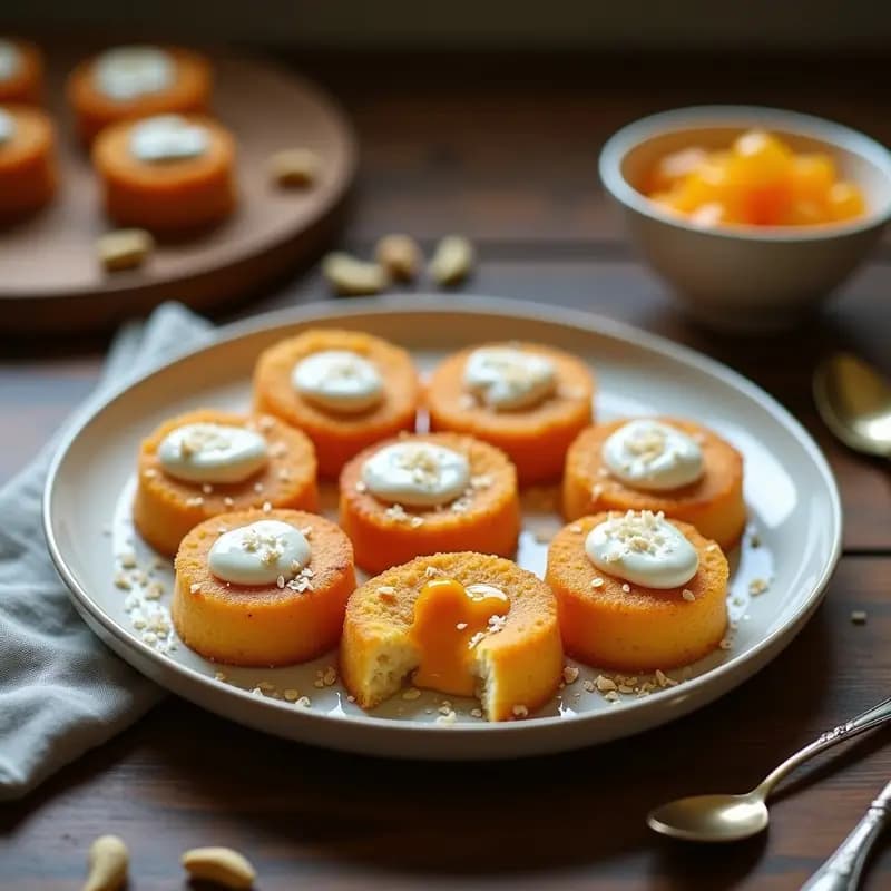 Piononos veganos de queso de caju y guayaba en moldes dorados, rellenos de crema de caju y guayaba, decorados con coco rallado sobre fondo de madera rústica.