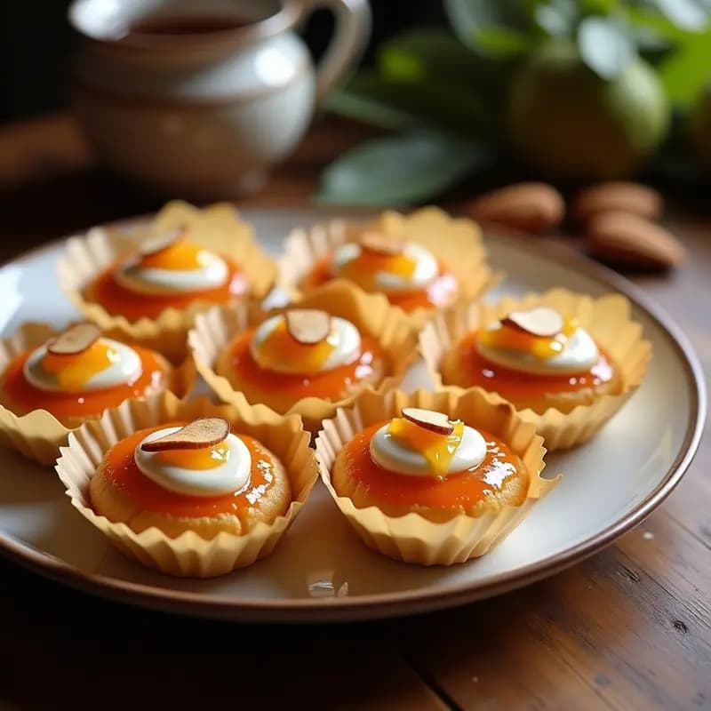Piononos de queso y mermelada de guayaba en capacillos dorados, con relleno cremoso de queso y topping de mermelada brillante y almendras fileteadas, postre colombiano esponjoso y dulce.