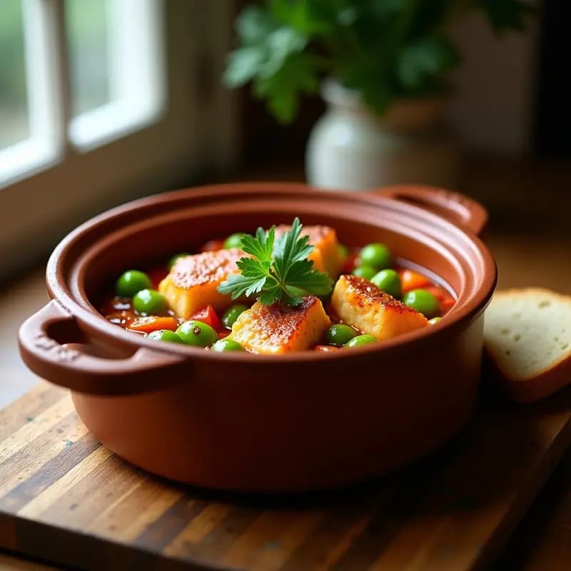 Cazuela de barro con pipérrada vasca humeante, trozos de bacalao desmenuzado y pimientos verdes en salsa espesa de tomate, acompañada de pan rústico.